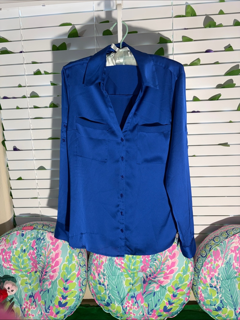 Express Satin Button-Down Shirt in Sapphire Blue